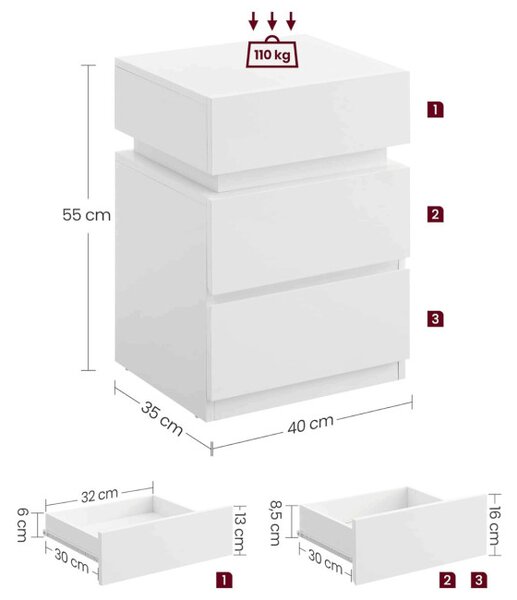 Noční stolek s LED osvětlením, bílý ANT-E1163 WT