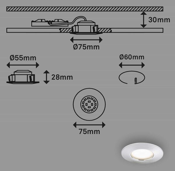 BRI 7204-038 3ks sada LED vestavné svítidlo, pr. 7,5 cm, chrom - BRILONER