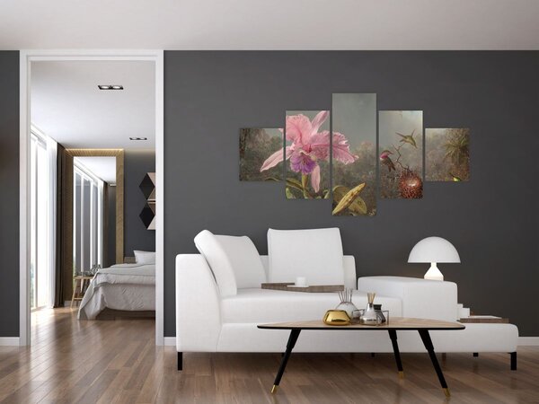 Obraz - Martin Johnson Heade, Cattleya Orchid and Three Hummingbirds, reprodukce (125x70 cm)