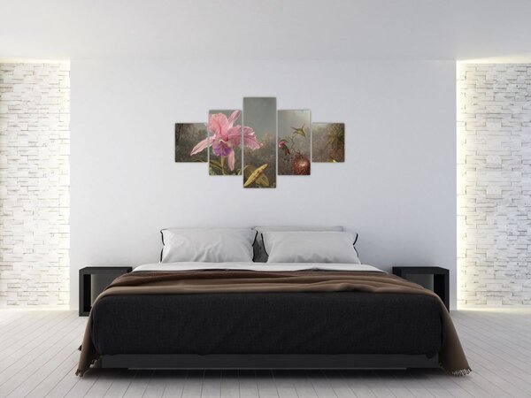 Obraz - Martin Johnson Heade, Cattleya Orchid and Three Hummingbirds, reprodukce (125x70 cm)