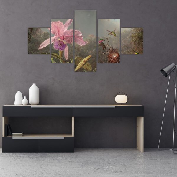 Obraz - Martin Johnson Heade, Cattleya Orchid and Three Hummingbirds, reprodukce (125x70 cm)