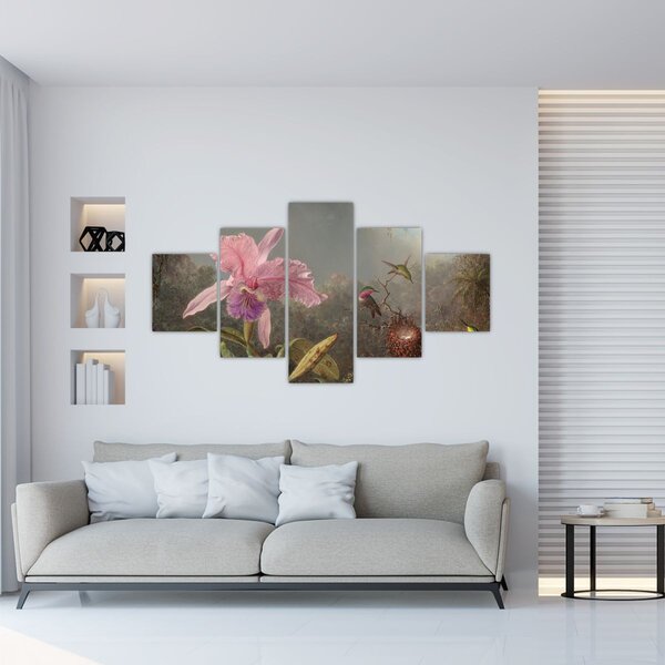Obraz - Martin Johnson Heade, Cattleya Orchid and Three Hummingbirds, reprodukce (125x70 cm)