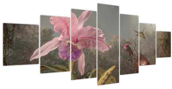 Obraz - Martin Johnson Heade, Cattleya Orchid and Three Hummingbirds, reprodukce (210x100 cm)