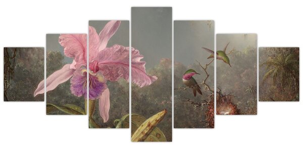 Obraz - Martin Johnson Heade, Cattleya Orchid and Three Hummingbirds, reprodukce (210x100 cm)