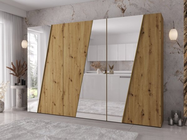 Skříň se zrcadlem Grelipt 3L 300 cm, Barva: bílá / bílá + zlatá 5903211528781