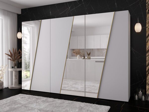 Skříň se zrcadlem Grelipt 3L 300 cm, Barva: bílá / bílá + zlatá 5903211528781