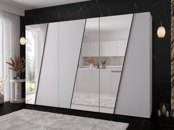 Skříň se zrcadlem Grelipt 3L 300 cm, Barva: bílá / bílá + zlatá 5903211528781