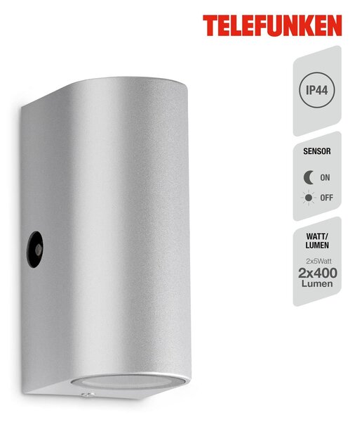TF 307104TF TELEFUNKEN LED venkovní nástěnné svítidlo s čidlem, 15,1 cm, 10 W, stříbrná - BRILONER