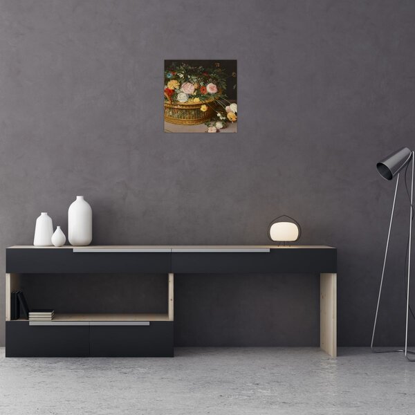 Obraz - Jan Brueghel the Elder, Flowers in a Basket and a Vase, reprodukce (30x30 cm)