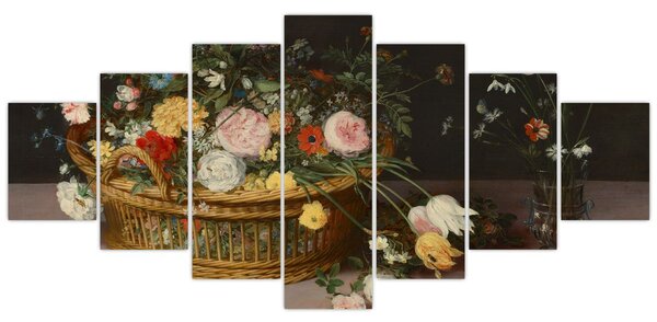 Obraz - Jan Brueghel the Elder, Flowers in a Basket and a Vase, reprodukce (210x100 cm)