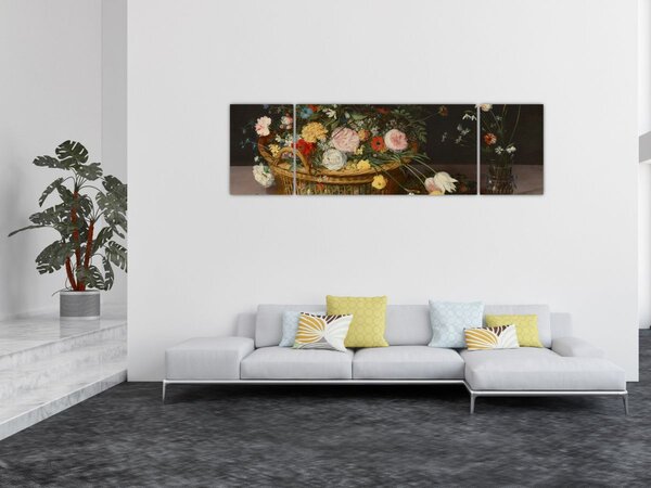 Obraz - Jan Brueghel the Elder, Flowers in a Basket and a Vase, reprodukce (170x50 cm)