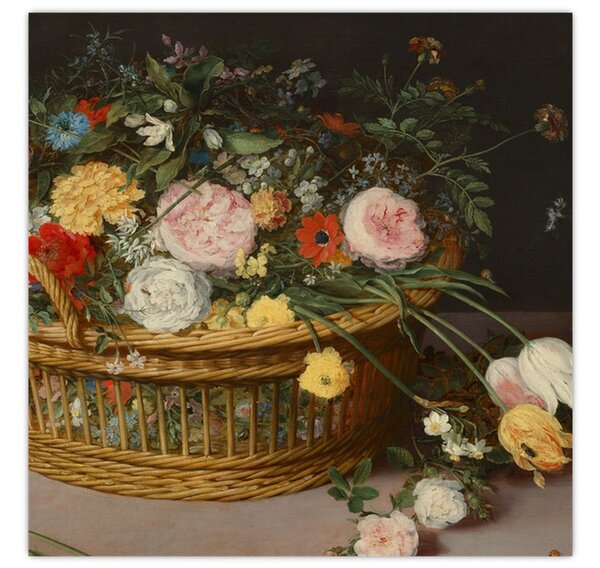 Obraz - Jan Brueghel the Elder, Flowers in a Basket and a Vase, reprodukce (30x30 cm)