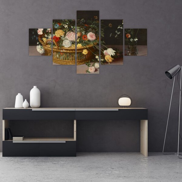 Obraz - Jan Brueghel the Elder, Flowers in a Basket and a Vase, reprodukce (125x70 cm)