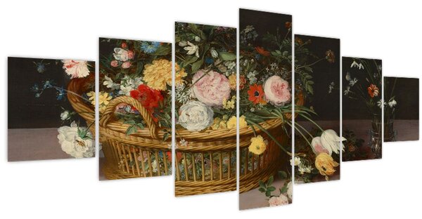 Obraz - Jan Brueghel the Elder, Flowers in a Basket and a Vase, reprodukce (210x100 cm)