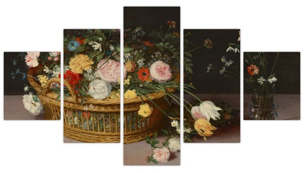 Obraz - Jan Brueghel the Elder, Flowers in a Basket and a Vase, reprodukce (125x70 cm)