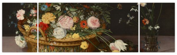 Obraz - Jan Brueghel the Elder, Flowers in a Basket and a Vase, reprodukce (170x50 cm)