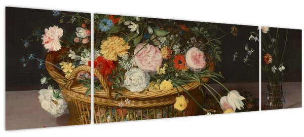 Obraz - Jan Brueghel the Elder, Flowers in a Basket and a Vase, reprodukce (170x50 cm)