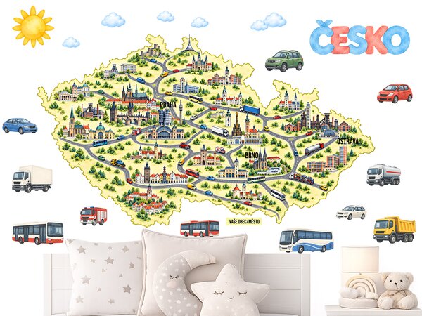 Mapa Česko auta budovy přelepitelné samolepky na stěnu arch 75 x 43 cm