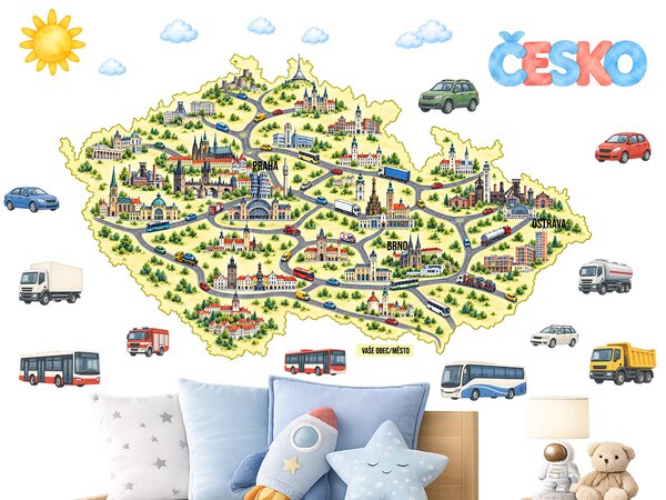 Mapa Česko auta budovy přelepitelné samolepky na stěnu arch 75 x 43 cm