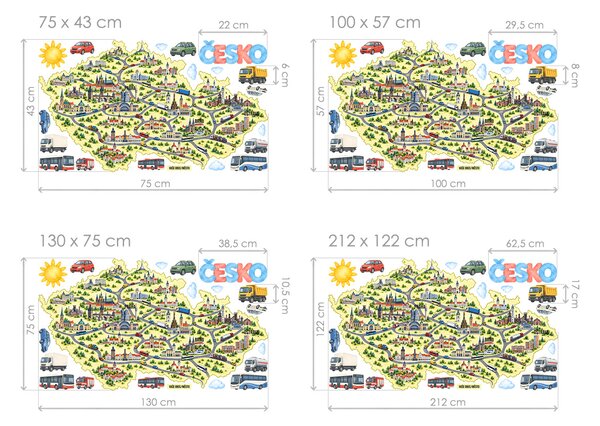 Mapa Česko auta budovy přelepitelné samolepky na stěnu arch 75 x 43 cm