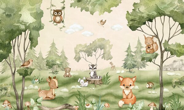 FUGU Tapeta lesní zvířátka - Woodland Joy Materiál: Digitální eko vlies - klasická tapeta nesamolepicí