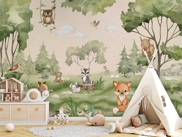 FUGU Tapeta lesní zvířátka - Woodland Joy Materiál: Digitální eko vlies - klasická tapeta nesamolepicí