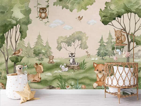 FUGU Tapeta lesní zvířátka - Woodland Joy Materiál: Digitální eko vlies - klasická tapeta nesamolepicí