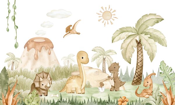 FUGU Dětská tapeta Dino Baby - dobrodružství s dinosaury Materiál: Digitální eko vlies - klasická tapeta nesamolepicí