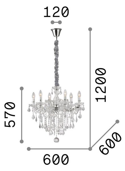IDEAL LUX Lustr Florian, chromová barva, křišťál, 6ramenný, stmívatelný, Chrom / stříbro, Obývací pokoj / jídelna, Sklo