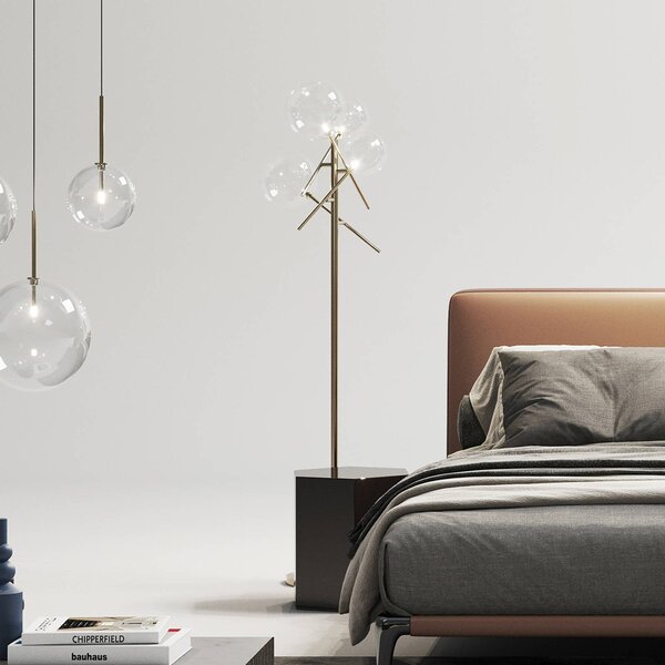 IDEAL LUX Stojací lampa Equinoxe, mosaz/čirá, výška 166 cm, Mosaz / zlato, Obývací pokoj / jídelna, kov