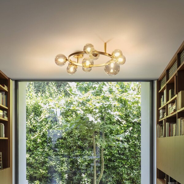 IDEAL LUX Stropní světlo Perlage, mosaz/jantar, délka 70 cm, 10 žárovek, Mosaz / zlato, Obývací pokoj / jídelna, kov