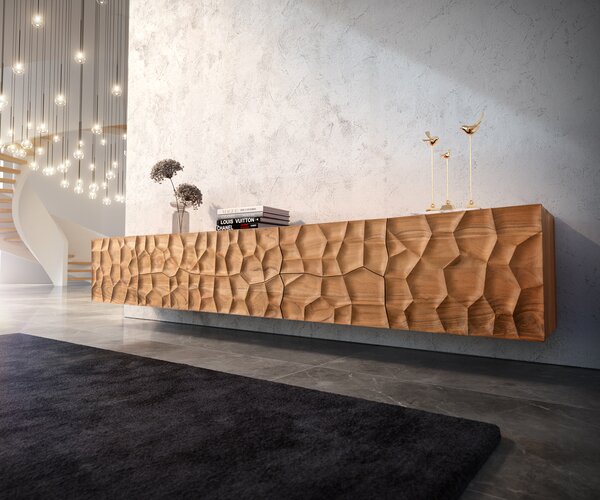 DELIFE TV stolek Solu 260 cm akácie přírodní 2 dvířka 6 zásuvek závěsný 3D čelo