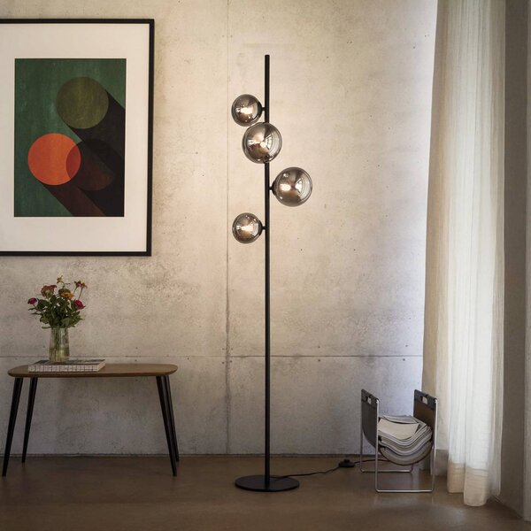 IDEAL LUX Stojací lampa Perlage, černá/kouřově šedá, výška 164 cm, 4 žárovky, Černá, Obývací pokoj / jídelna, kov