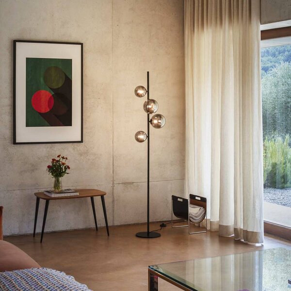 IDEAL LUX Stojací lampa Perlage, černá/kouřově šedá, výška 164 cm, 4 žárovky, Černá, Obývací pokoj / jídelna, kov