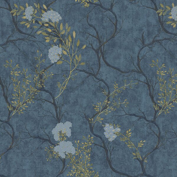 Luxusní modrá vliesová tapeta s větvičkami, květy 72959, Zen, Emiliana Parati
