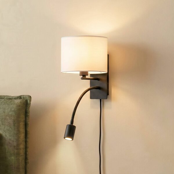 Lindby nástěnné světlo Florens, černé, LED lampa na čtení, 23,5 cm, stmívatelný, Bílá / opál, Obývací pokoj / jídelna, Textil / tkanina / hedvábí, Moderní, Lampička na čtení