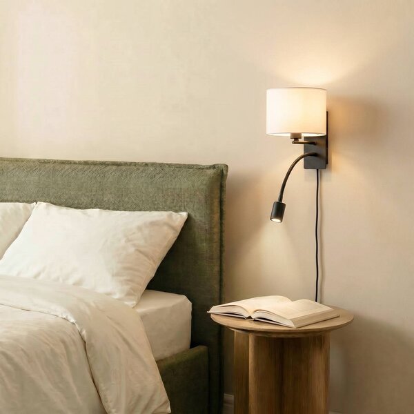 Lindby nástěnné světlo Florens, černé, LED lampa na čtení, 23,5 cm, stmívatelný, Bílá / opál, Obývací pokoj / jídelna, Textil / tkanina / hedvábí, Moderní, Lampička na čtení