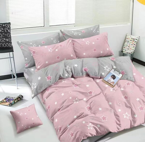 7dílné bavlněné povlečení na 2 postele 140×200/70×90 – hvězdy růžovo-šedé + prostěradlo zdarma | 100% bavlna, zapínání na knoflíky