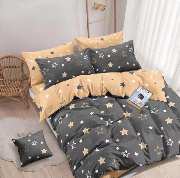 7dílné bavlněné povlečení na 2 postele 140×200/70×90 – hvězdy šedo-béžové + prostěradlo zdarma | 100% bavlna, zapínání na knoflíky