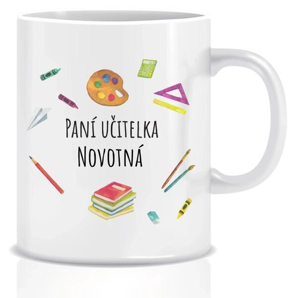 Personalizovaný klasický bílý keramický hrníček 300 ml pro paní učitelku/pana učitele (pomůcky)