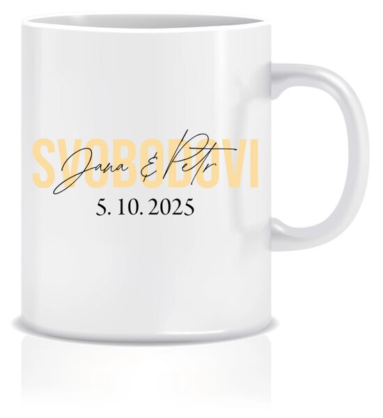 Personalizovaný klasický bílý keramický hrníček 300 ml se jmény novomanželů