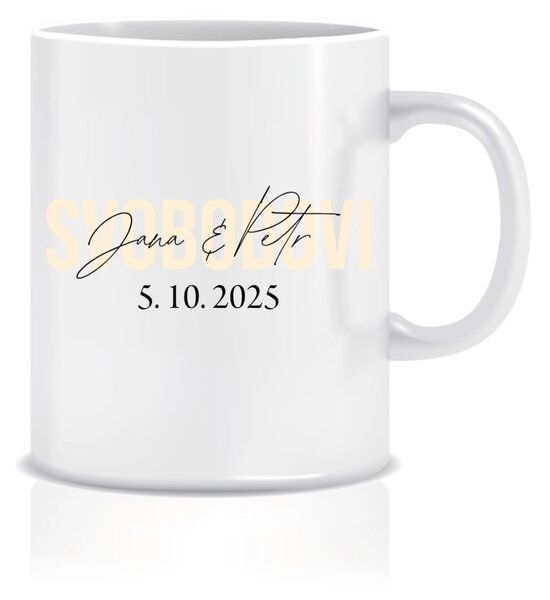 Personalizovaný klasický bílý keramický hrníček 300 ml se jmény novomanželů