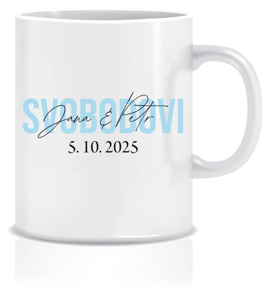 Personalizovaný klasický bílý keramický hrníček 300 ml se jmény novomanželů