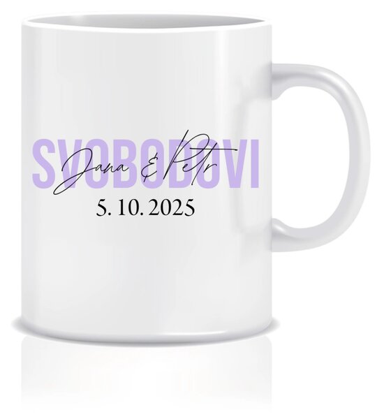 Personalizovaný klasický bílý keramický hrníček 300 ml se jmény novomanželů