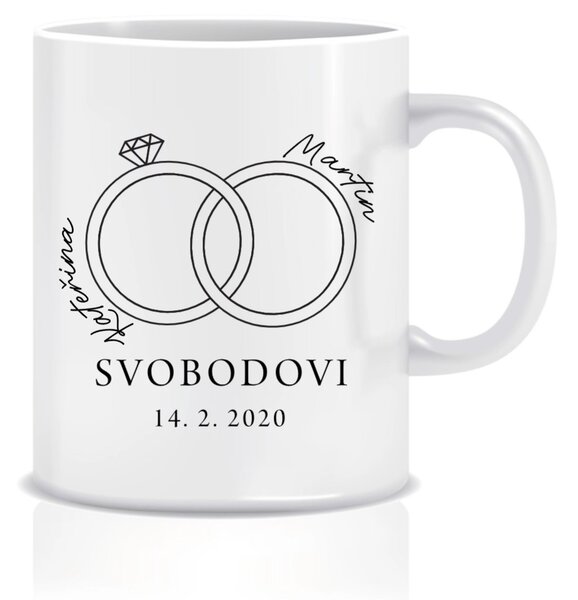 Personalizovaný klasický bílý keramický hrníček 300 ml s prstýnky a jmény
