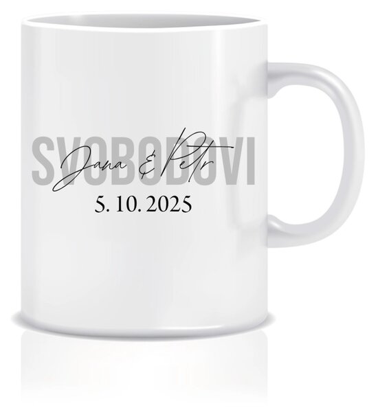 Personalizovaný klasický bílý keramický hrníček 300 ml se jmény novomanželů