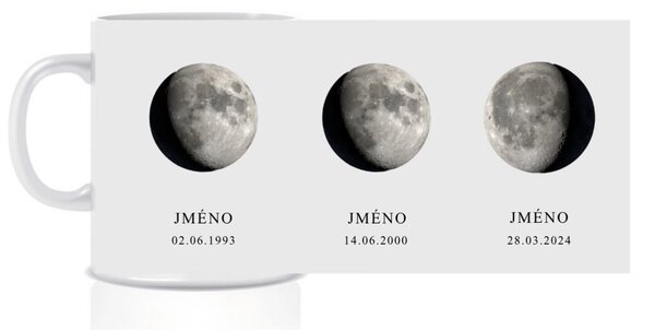 Personalizovaný klasický bílý hrníček 300 ml s měsíční fází rodiny (2-5 členů rodiny)
