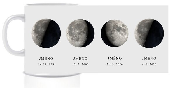 Personalizovaný klasický bílý hrníček 300 ml s měsíční fází rodiny (2-5 členů rodiny)