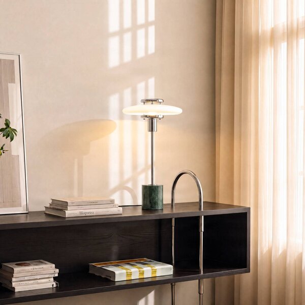 Lindby stolní lampa Branford, retro, bílá/zelená opálové sklo/mramor, Zelená, Obývací pokoj / jídelna, Sklo, Vintage
