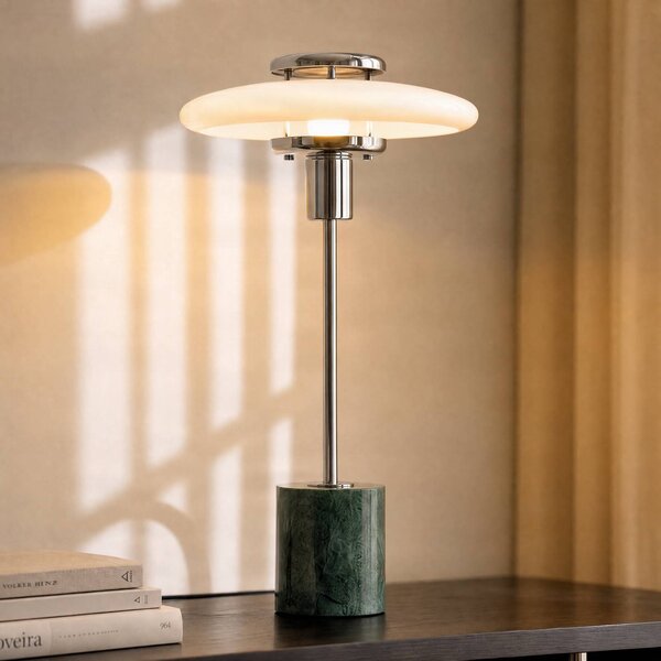 Lindby stolní lampa Branford, retro, bílá/zelená opálové sklo/mramor, Zelená, Obývací pokoj / jídelna, Sklo, Vintage